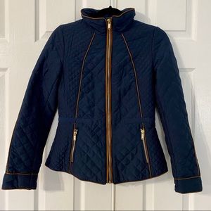 H&M Navy Blue Quilt Jacket with Brown Trim sz 4
